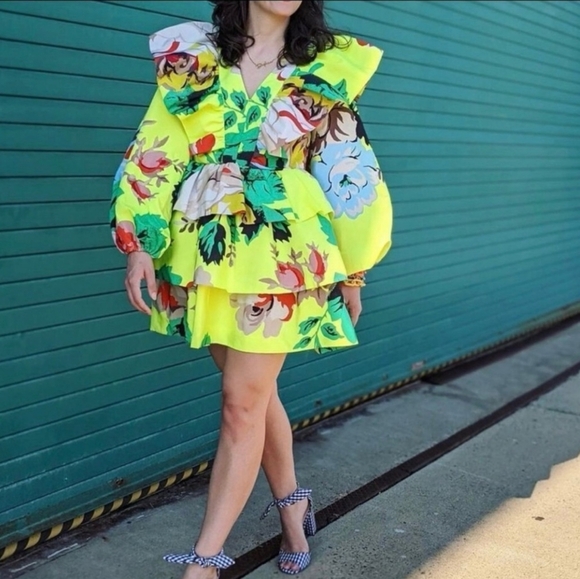 Christopher John Roger's x Target Dress Chartreuse Green Yellow Floral Ruffle - Picture 1 of 9